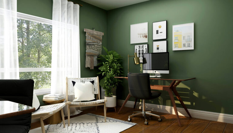 Create a Modern Bohemian Home Office with plants and geometric prints